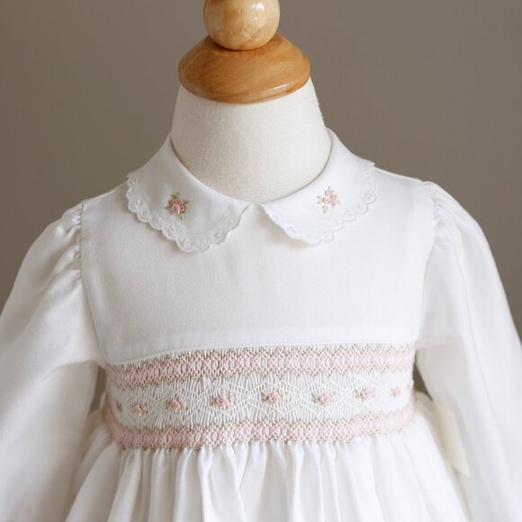 Long Sleeve Ivory Smocked Dress Pink & Sage Green Floral Embroidery Boutique - Picture 2 of 5